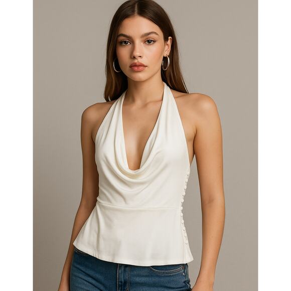 Carmen Marc Valvo 6 Halter Neck Cami Top Side Buttons White Rayon Sleeveless - Picture 1 of 10